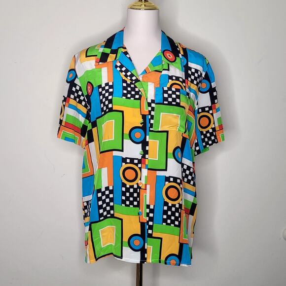 Vtg 80s 90s Dopamine Sz 10 Blue‎ Green Silk Geometric Short Sleeve Button Up Top - Picture 1 of 7
